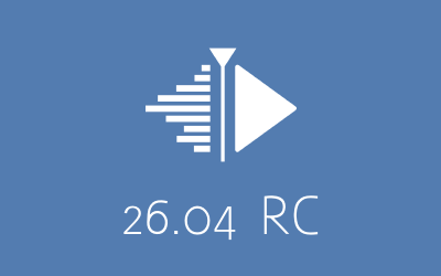 The Kdenlive playhead logo with the version number "26.04 RC" written below.