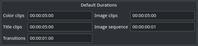 Screenshot wiht input boxes for default durations in Kdenlive