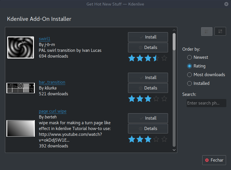 Screenshot of the dialog to download new wipe effects