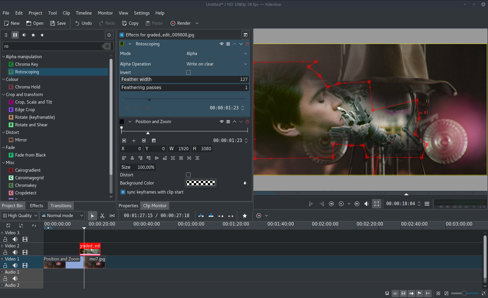 Screenshot of Kdenlive version 16.12.0 with a rotoscoping effect currently beeing edited