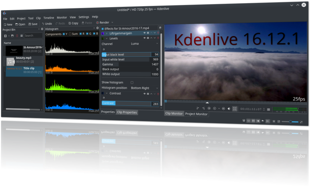Screenshot of Kdenlive version 16.12.1 with the version number shown in the monitor