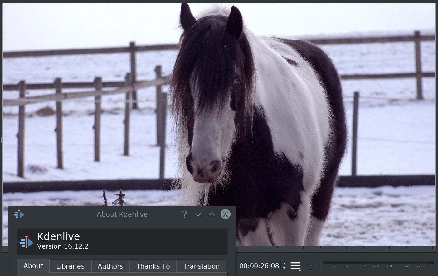 Screenshot of the Kdenlive clip monitor with a clip of a horse and the about dialog showing version 16.12.2