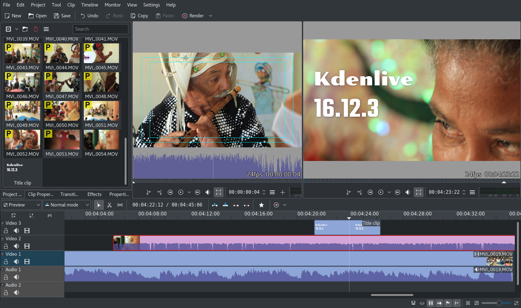 Screenshot of Kdenlive with the version number 16.12.3 shown on the project monitor